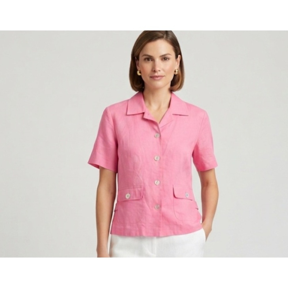 Stonebridge Womens Pink Linen Blend Short Sleeve Button Down Safari Shirt Sz M